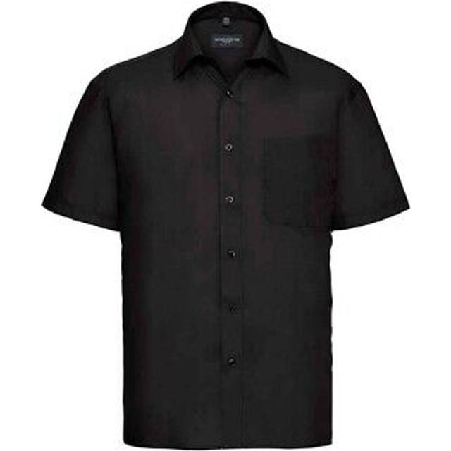 (18.5in-19in, Black) Russell Collection Mens Poplin Easy-Care Short-Sleeved Formal Shirt