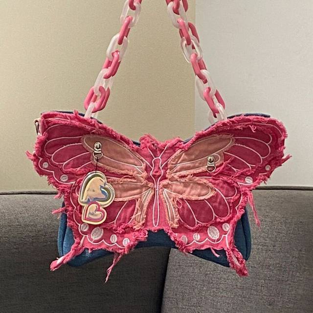 Butterfly Denim Single Shoulder Crossbody Bag Retro Casual Simple Baguette Style