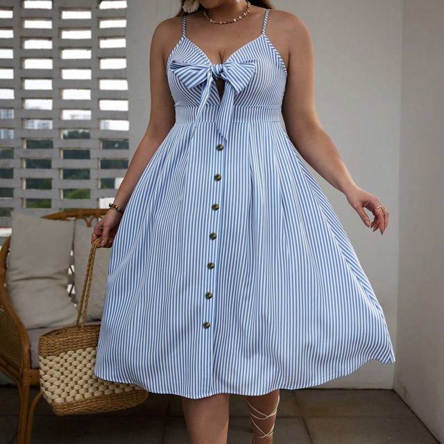 SHEIN Plus Size Women Boho Summer Striped Hollow Out Long Casual Sleeveless Dress With Bow Decoration