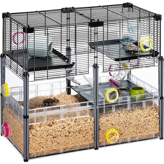 Ferplast Stor hamsterbur, musbur MULTIPLA HAMSTER CRYSTAL, i metallnät och återvunnen plast, med tillbehör, svart
