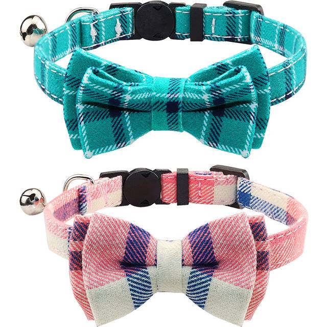 Joytale Upgraded Cat Collar with Bells  Breakaway Cat Collars with Bow Tie  2 Pack Girl Boy Safety Plaid Kitten Collars  Pink+Teal