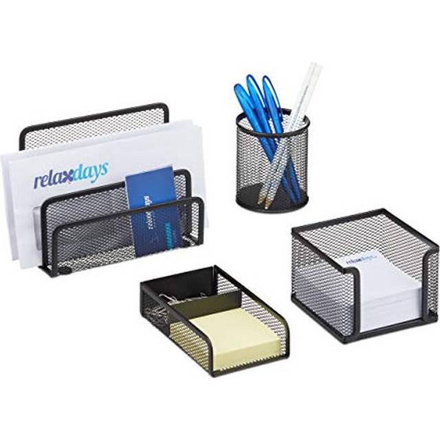 Relaxdays - Desk Organizer Set of 4, Letter Rack, Pen Holder, Note Box and Paperclip Holder, Mesh, Black