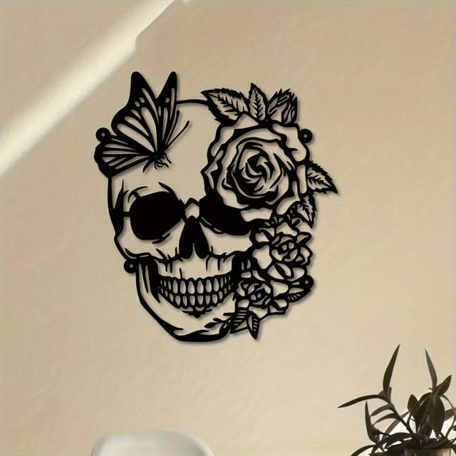 (QSYZ391) 1pc Skull Flower Butterfly Metal Wall Art, Floral Sign Decoration