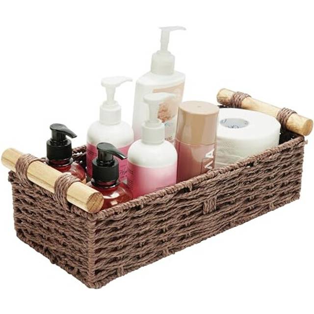 Wicker Storage Basket with Handles - 39 x 16.5 x 12.5cm/15.35 x 6.5 x 4.92 Inches - Decorative Woven Hamper Organiser Basket for Home Living Room,