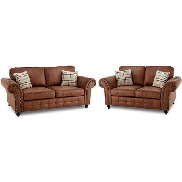 (Tan Brown) Oakland Suede Leather 3 2 Seater Sofa Set