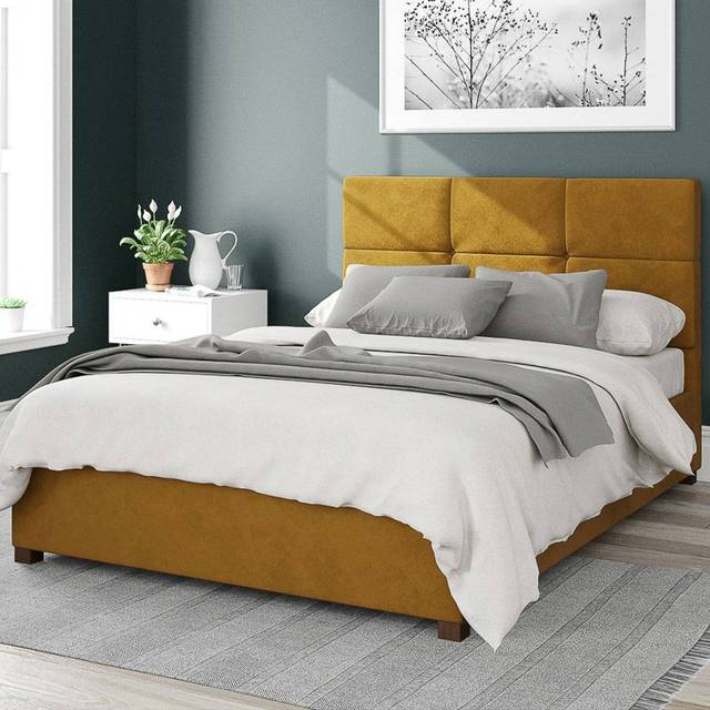 Aspire Caine Upholstered Ottoman Storage Bed, Plush Velvet Fabric in Mustard | Size: Super King