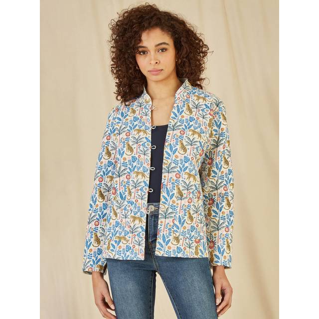 Yumi Womens White Leopard Print Reversible Cotton Cropped Quilted Jacket - Multicolour - Size 8 UK