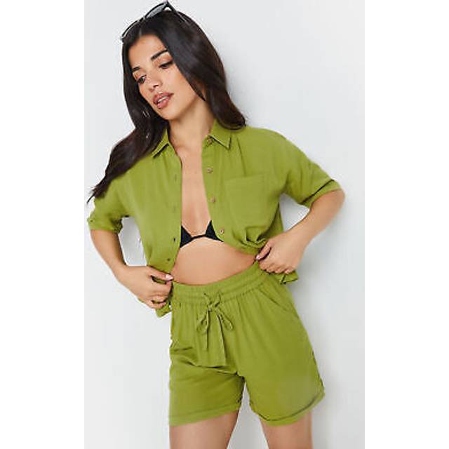 Pixiegirl Petite Green Textured Boxy Short Sleeve Shirt 14 Pixiegirl | Petite Women's Shirts
