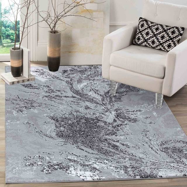 Serenity Modern Abstract Area Rug - Flowing Water-Inspired Design for Living Room, Bedroom, Hallway - Black - 160cm x 230cm