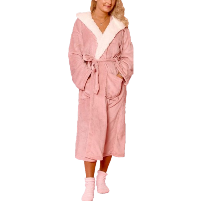 Sienna Flannel Fleece Hooded Dressing Gown Sherpa Bathrobe One Size - Pink