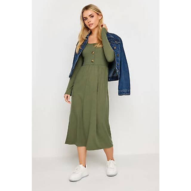 Womens Petite Ribbed Midi Dress - Green - 16
