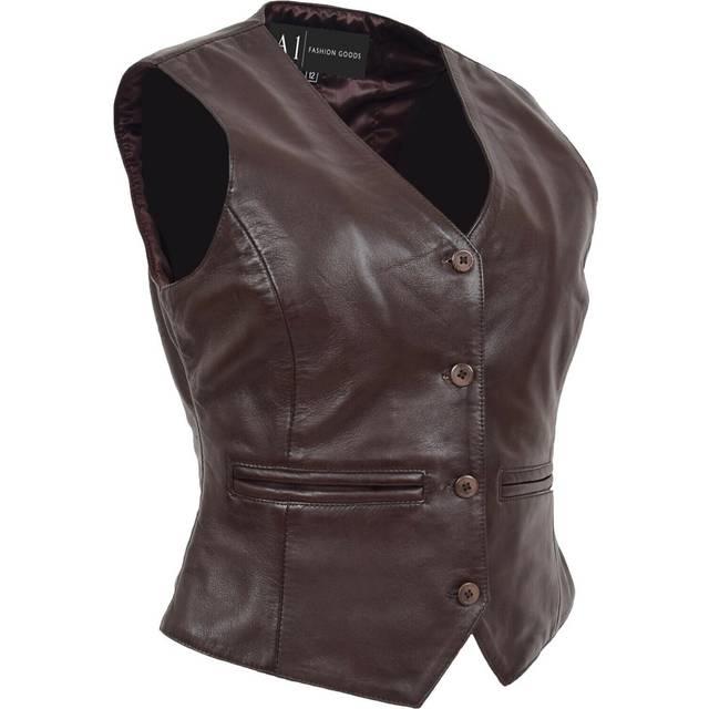 (Brown, 8) Womens Soft Leather Waistcoat Slim Fit Vest Classic Gilet Katy Brown