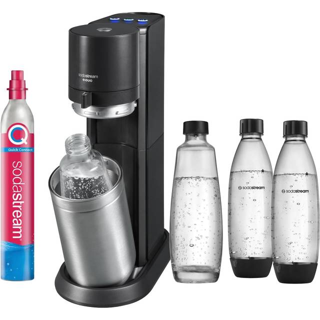 SodaStream E-Duo, elektrisk vattenbubblor med CO2-cylinder, glasflaska och 2 x 1 l diskmaskinssäker plastflaska, höjd: 44 cm, färg: titan