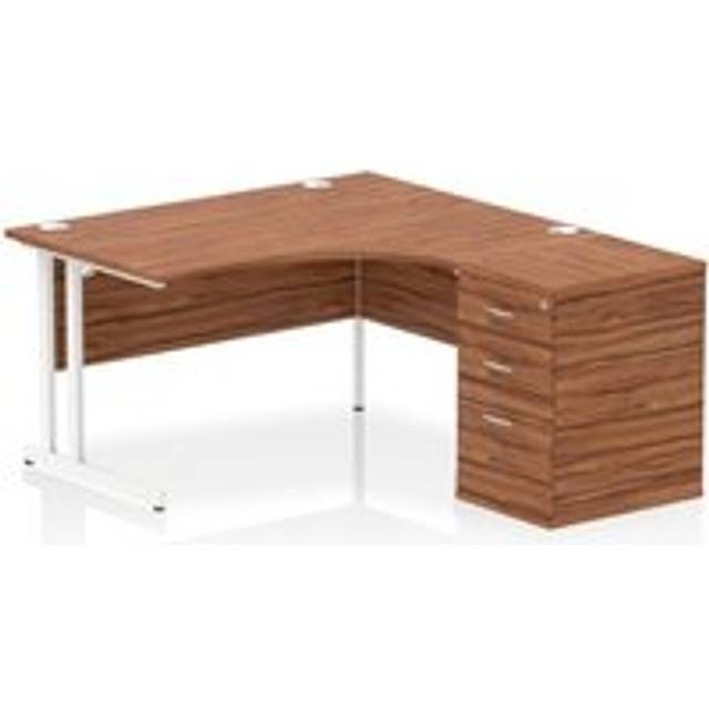 Impulse 1400mm Right Crescent Office Desk Walnut Top White Cantilever Leg Workstation 600 Deep Desk High Pedestal