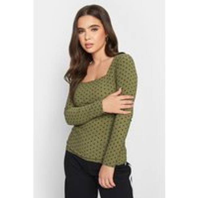 Pixiegirl Petite Khaki Green Square Neck Spot Print Long Sleeve Top 14 Pixiegirl | Petite Women's Long Sleeve Tops