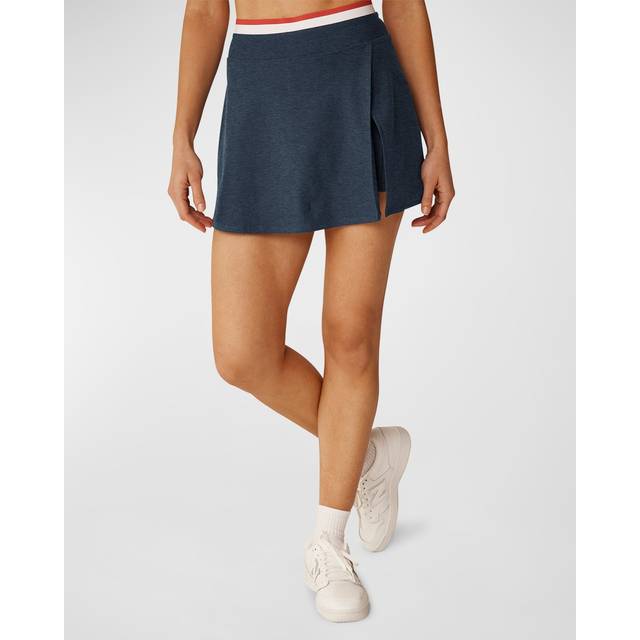 Beyond Yoga Womens Nocturnal Navy Logo-print Stripe-waistband Stretch-woven Mini Skirt S
