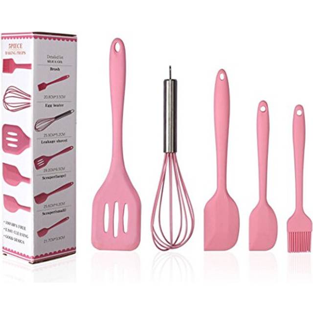 Silicone Spatulas Set-Cooking Spatula Set, Pink 5 pcs Kitchen Utensil Set-Basting Pastry Brush-Pastry Oil Brush-Egg Beater-Slotted Turner-Silicone