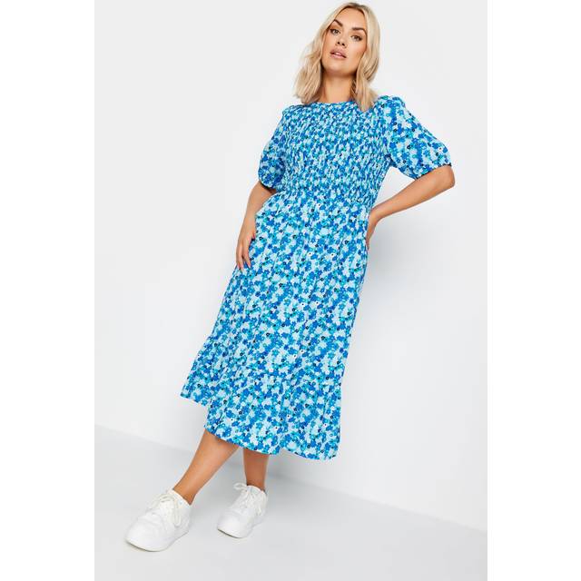 Yours Curve Blue Floral Print Shirred Midi Dress, Women's Curve & Plus Size, Yours - 26-28