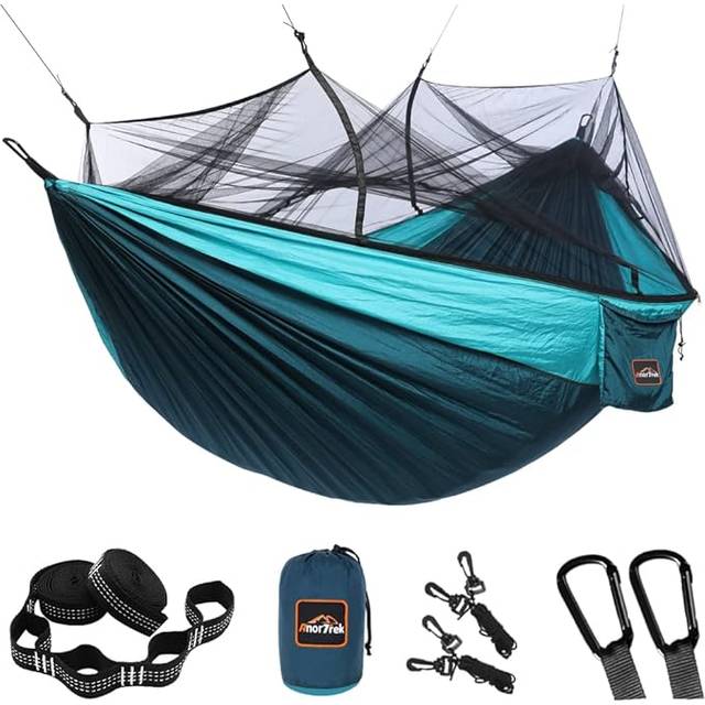 Campinghängmatta med myggnät, AnorTrek dubbel och enkel lätt bärbar hängmatta med trädremmar och karbinhakar, fallskärmshängmatta för camping, backpacking, resor och vandring (blå och mörkblå)