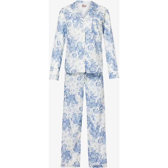 Desmond and Dempsey Womens Blue Floral-print Long-sleeve Cotton Pyjama Set S
