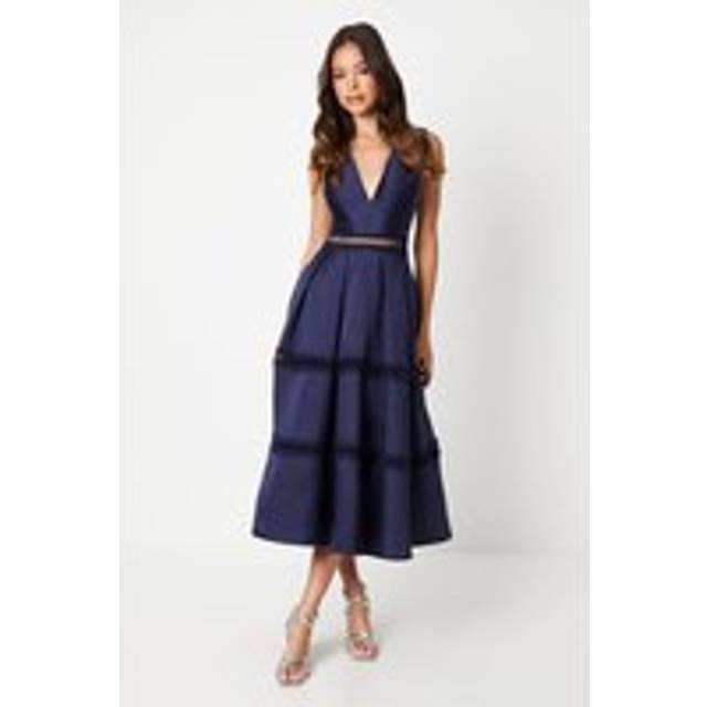 Plunge Neck Twill Midi Dress With Lace Trims - Navy - 14