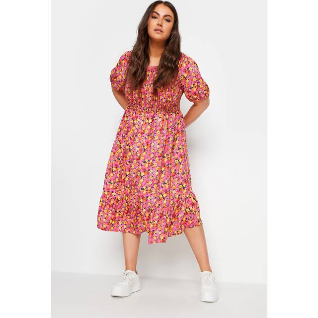 Yours Curve Pink Floral Print Shirred Midaxi Dress, Women's Curve & Plus Size, Yours - 18