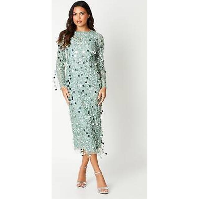 Womens Premium Embellished Fringe And Disc Sequin Column Dress - Green - 10
