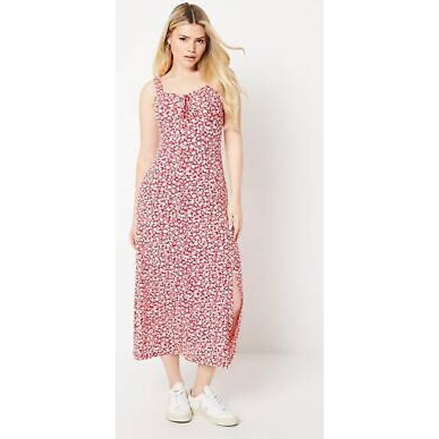 Womens Red Ditsy Sweetheart Tie Front Midi Dress - 8