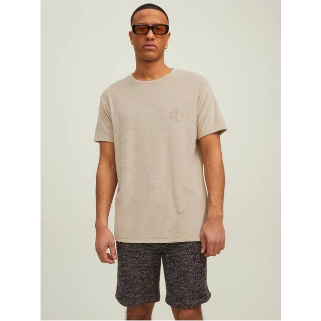 Jack & Jones – Originals – Beige t-shirt i frotté med palmtryck-Naturlig