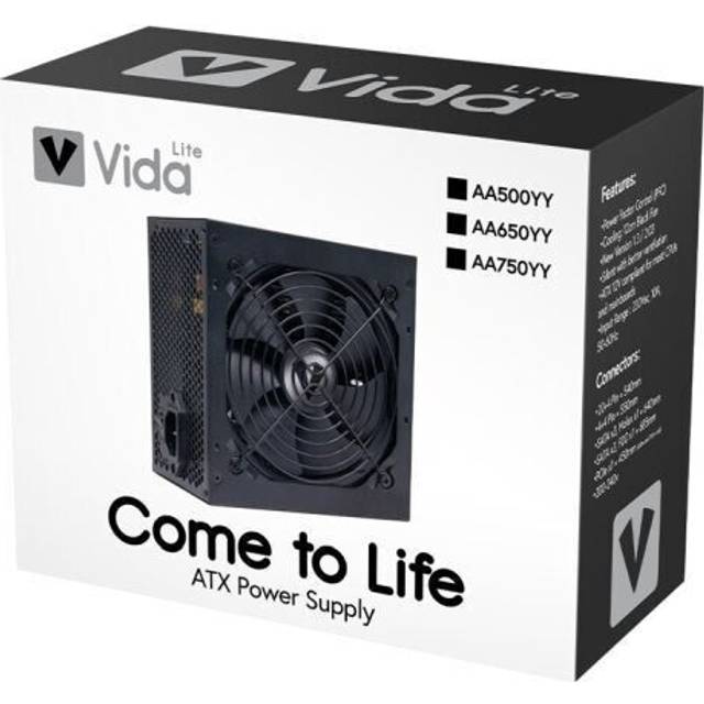 Vida Lite 750W ATX PSU, Fluid Dynamic Ultra-Quiet Fan, PCIe, Flat Black Cables, Power Lead Not Included, Black