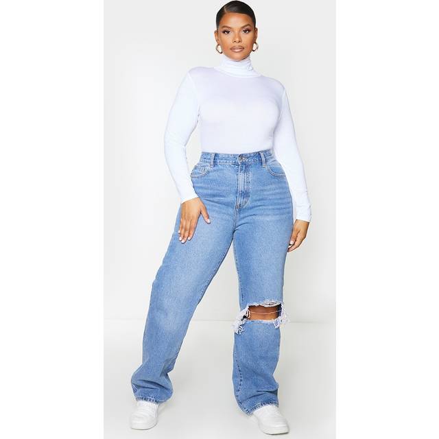 Plus Light Blue Wash Open Knee Long Leg Straight Leg Jeans, Light Blue Wash - 20