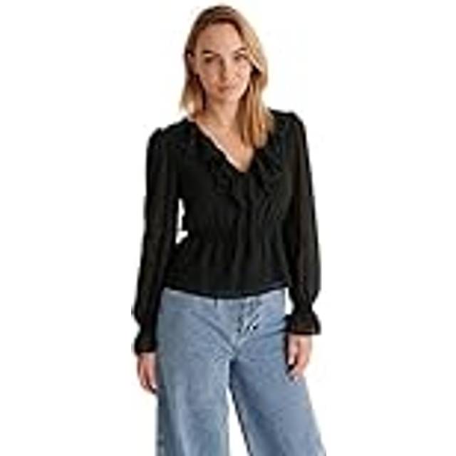 NA-KD Frill V-Neck Chiffon blus dam, svart, 34