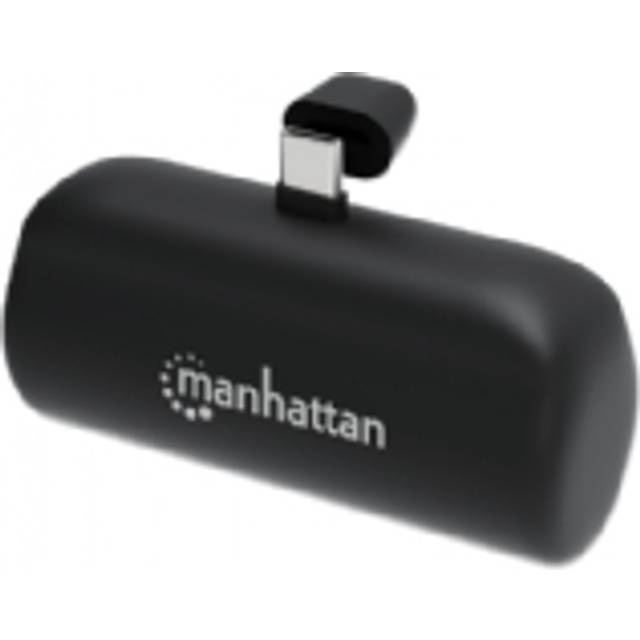 Manhattan Power Bank with integrated USB-C plug 5000 mAh Up to 10W output Kickstand for Use as Charging Phone Holder Black One Year Warranty