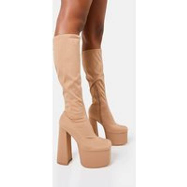 Polished Taupe Nylon Platform Rounded Block Heeled Knee High Boots