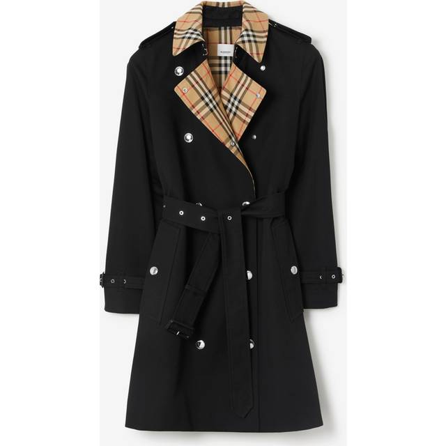 Burberry Short Check Collar Gabardine Trench Coat - Black - 02