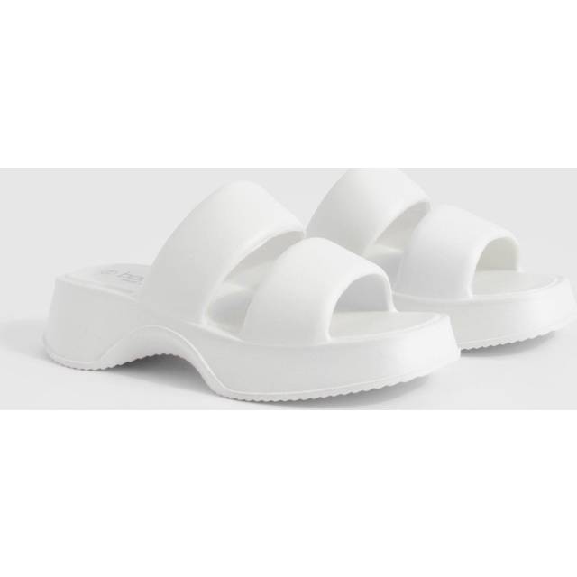Womens Double Strap Chunky Platform Sliders - White - 7-8, White