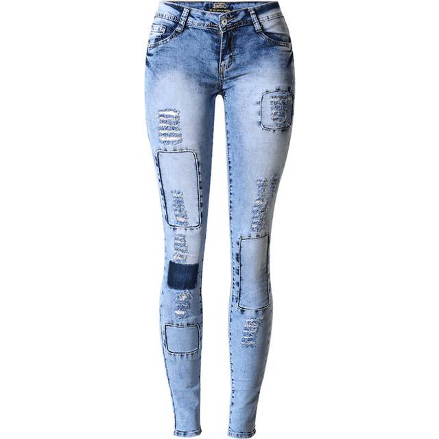 (6) Denim Cloth Patch Distress Skinny Stretch Jeans