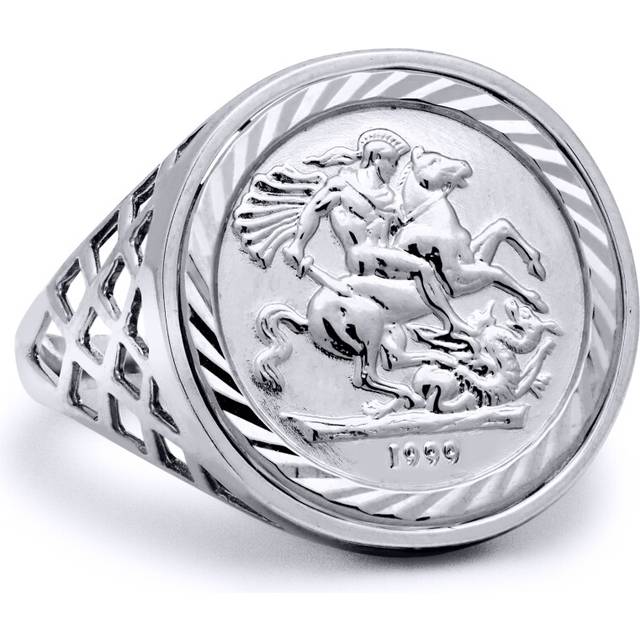 (R) Jewelco London Men&#39;s Solid Sterling Silver St George Dragon Slayer Basket Tenth-Krugerrand-Size Ring