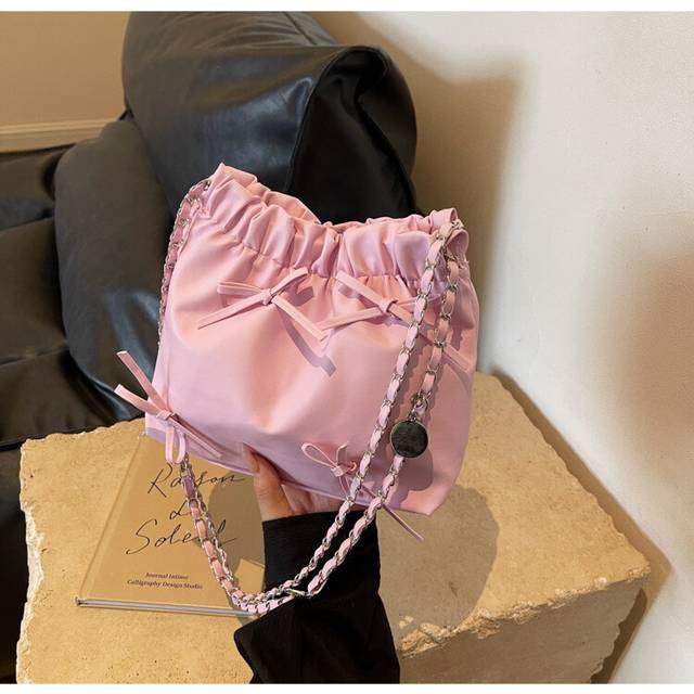 (Pink) Single Shoulder Crossbody Bag Fashion Casual Simple Solid Color Girls Style