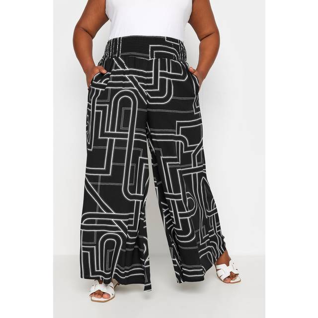 Yours Curve Black Abstract Print Shirred Wide Leg Trousers, Women's Curve & Plus Size, Yours - 14