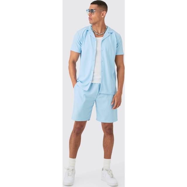 Regular Fit Short Sleeve Ribbed Shirt & Short Set - Blue - XL