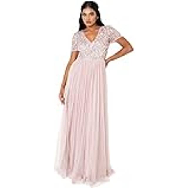 Short Sleeve V Neck Embellished Maxi Dress - Light Pink - 12
