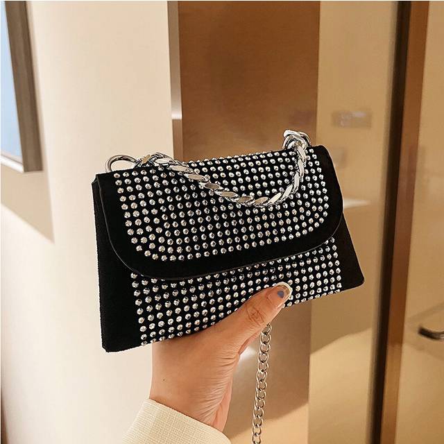(Silver) Diamond Studded Women Bag Zircon Chain Underarm Bag Shoulder Bag Handbag Casual