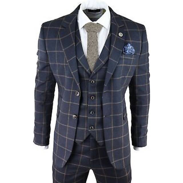 AK Collection Herringbone Tweed 3 Piece Suit - Navy - 46R