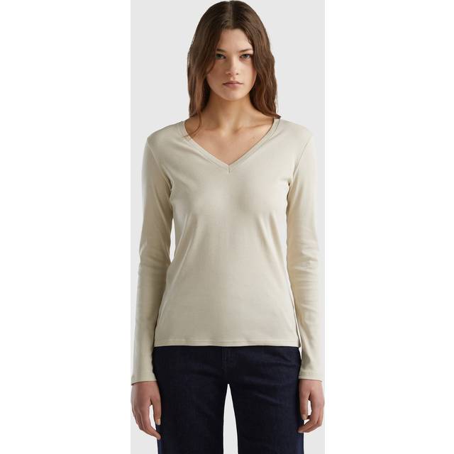 Benetton, Beige T-shirt With V-neck, size L, Beige, Women