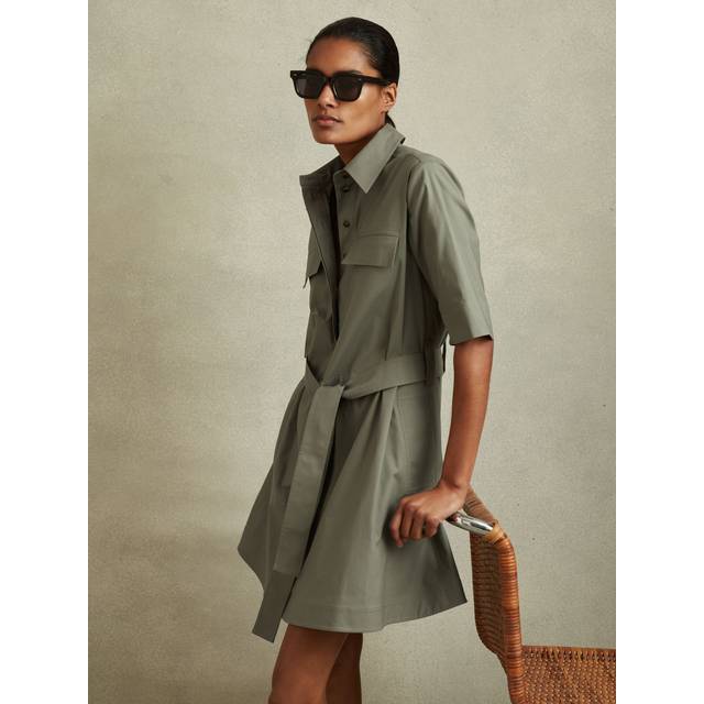 Reiss Womens Khaki Milly Pleated Belted Stretch-cotton Mini Dress 12 - KHAKI