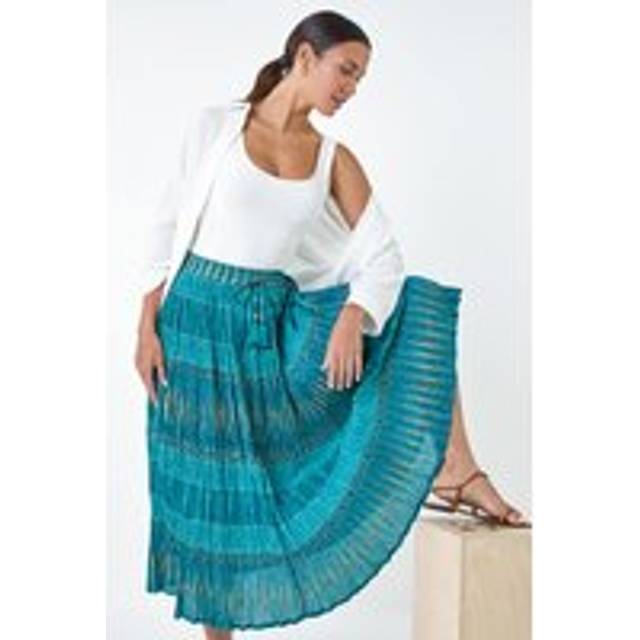 Roman Aqua Crinkle Cotton Metallic Foil A Line Midi Skirt - Size 14