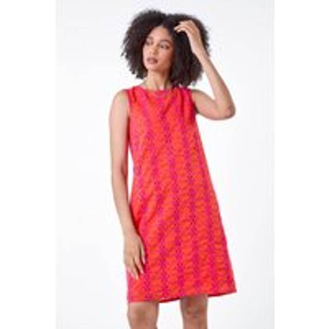 Roman Orange Floral Embroidered Cotton Shift Dress - Size 14