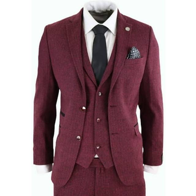 stz11 3 Piece Tweed Suit Herringbone - Burgundy - 48R