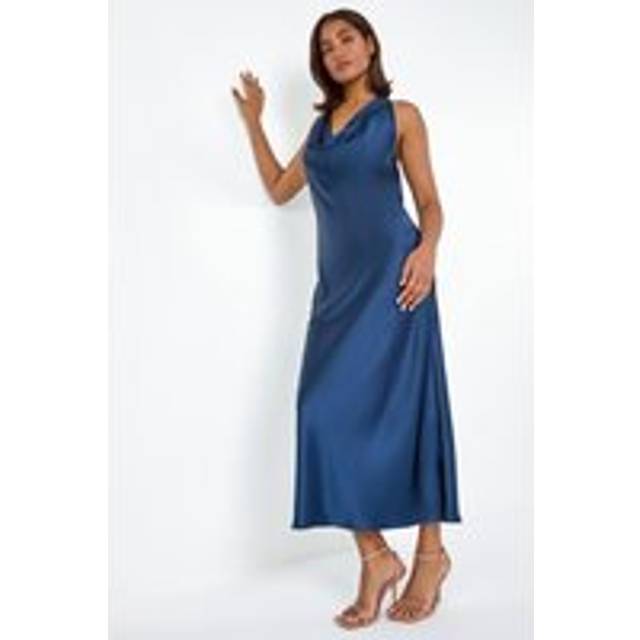 Roman Navy Satin Bias Cut Bodycon Dress - Size 16